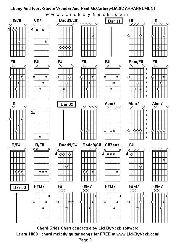 Chord Grids Chart of chord melody fingerstyle guitar song-Ebony And Ivory-Stevie Wonder And Paul McCartney-BASIC ARRANGEMENT,generated by LickByNeck software.